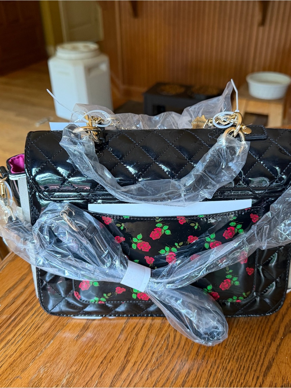Betsey Johnson Black Quilted Crossbody with Red Rose Embroidery - Picture 2 of 5